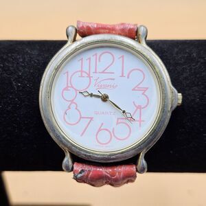 Vintage Vivani Womens 45mm Big Face Quartz Watch Pink/Red Leather Band